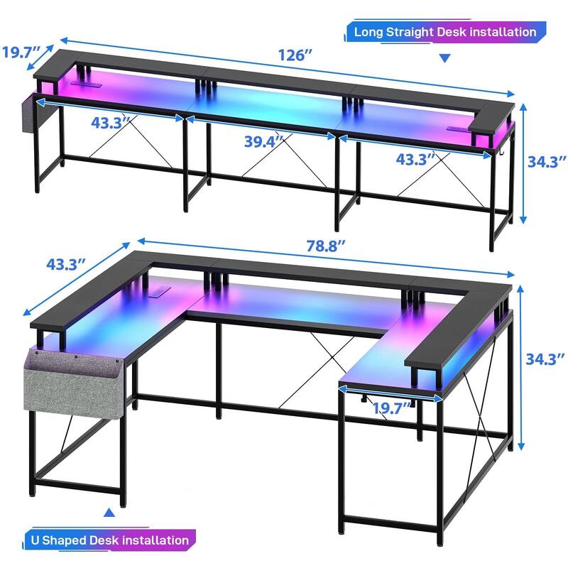 U Shaped Desk, 126 Inch Gaming Desk with Monitor Stand and LED Lights