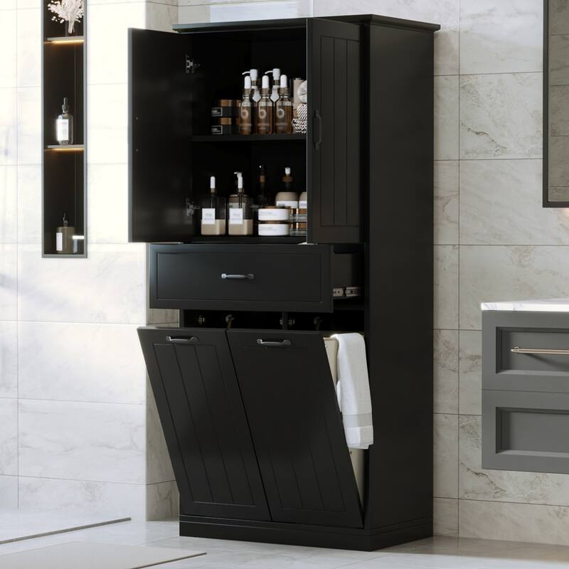 Bathroom Storage Cabinet with Two Laundry Baskets, Storage Cabinet with Doors and Drawer for Home