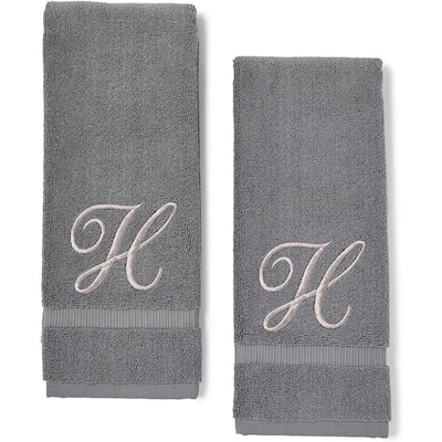 Monogrammed Hand Towel, Embroidered Letter H (16 x 30 in, Grey, Set of 2)
