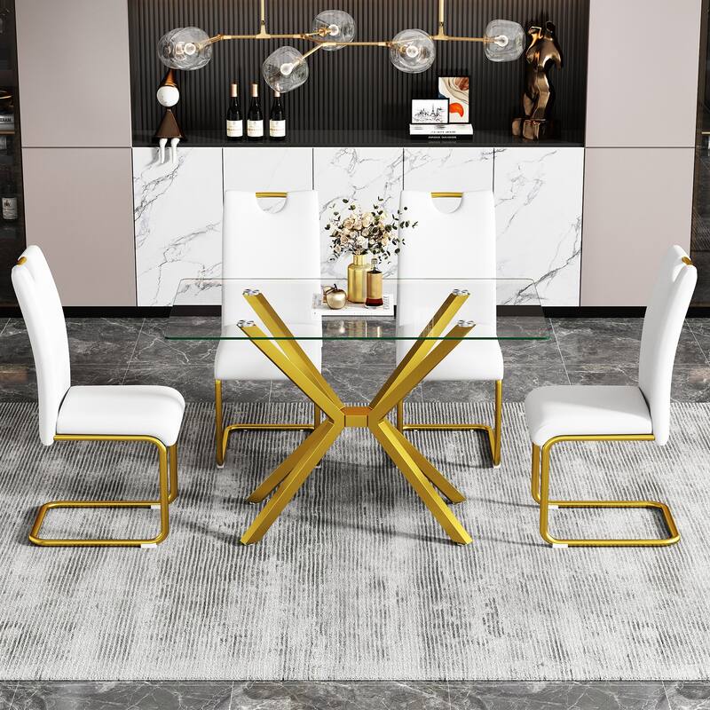 47.24" Rectangular Clear Tempered Glass Dining Table,Stylish Design with Gold Metal Legs, Kitchen Table for Dining Room