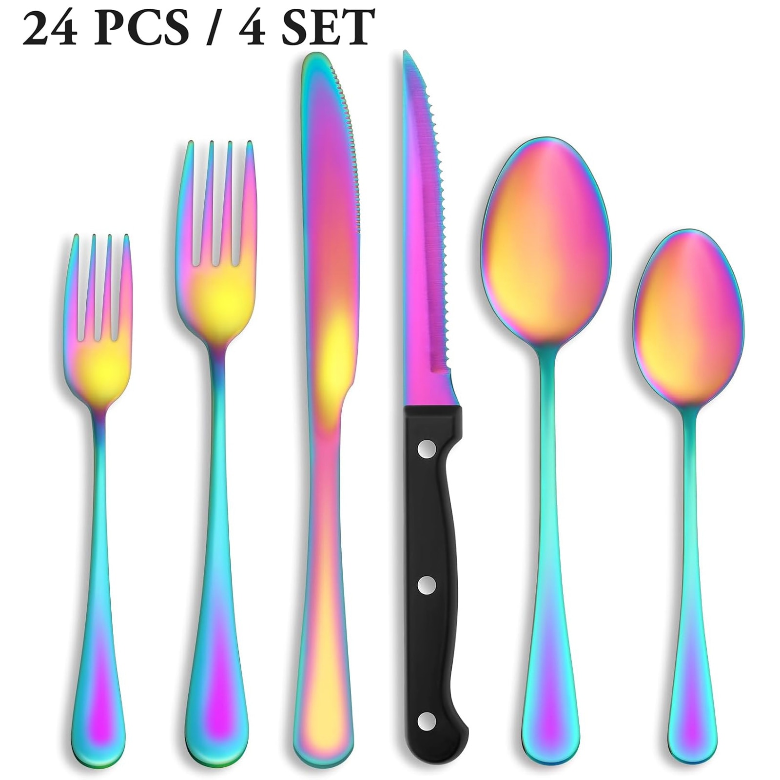 Rainbow Silverware Set with Steak Knives, Dishwasher Safe
