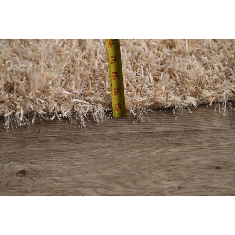 Hand Knotted Oriental Polyester Carpet Modern Contemporary Beige & Ivories Shaggy Area Rug - 7' 5'' X 5' 3''