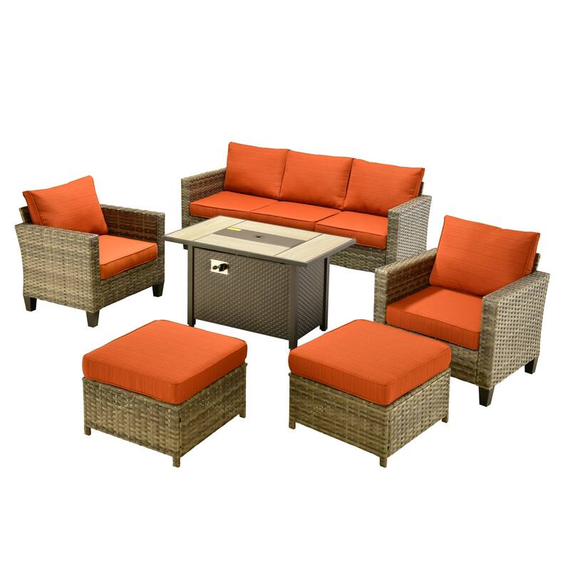 OVIOS 6-piece Patio Wicker Conversation Furniture Set With Fire Pit