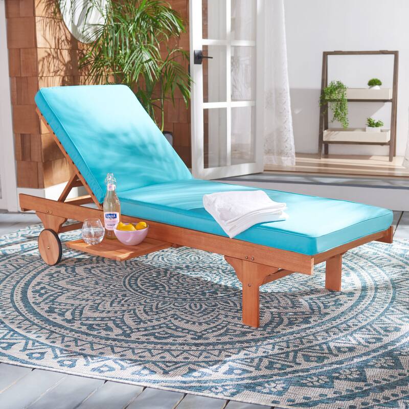 SAFAVIEH Outdoor Aubrie Adjustable Chaise Lounge Chair with Wheel. - Natural/Aqua.