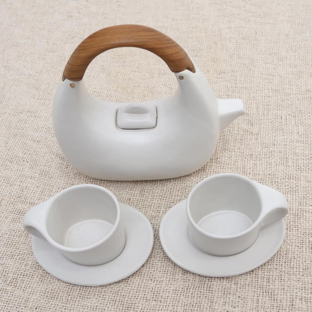 Novica Handmade Resting Cloud In White Ceramic Tea Set (Set For 2)
