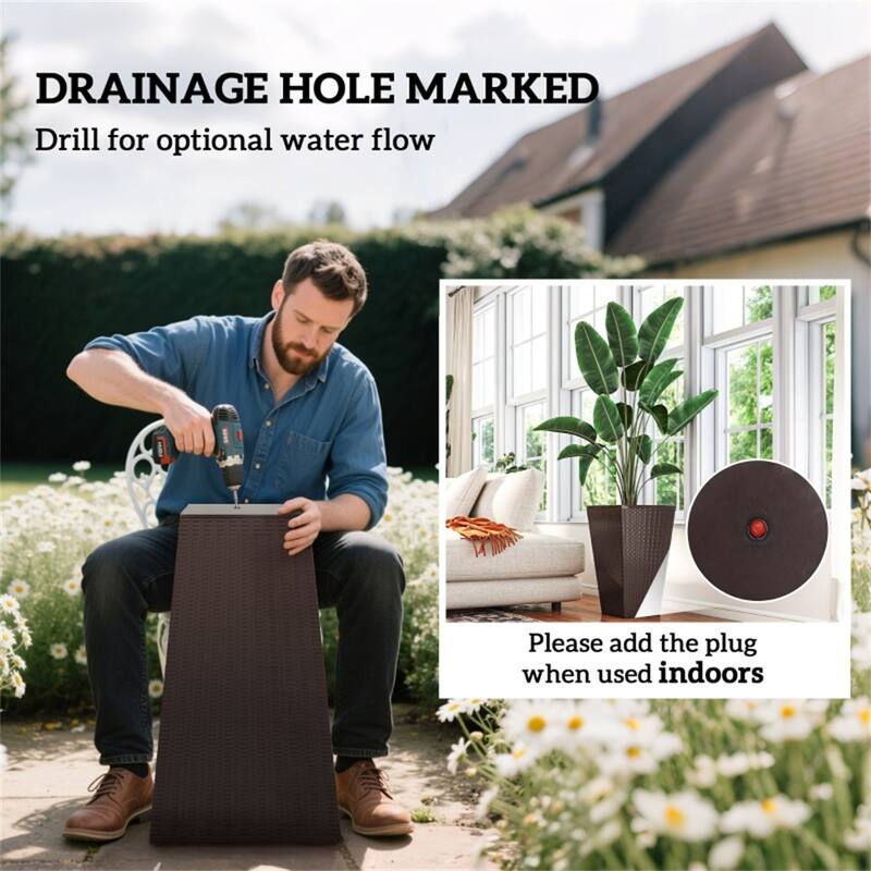 3-Piece Garden Pot Set with Drainage Hole and Rattan Design - 14.25" L x 14.25" W x 24" H