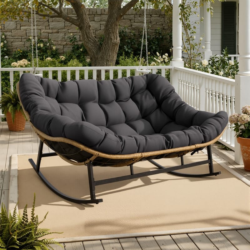 FINCATI Oversized Double Rocking Chair Outdoor Indoor, 40" D x 58" W Double Papasan Rocking Chair with Padded Cushion