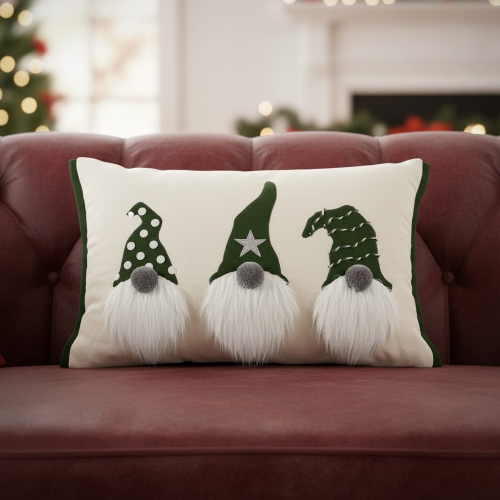 14" X 20" Green And Ivory Cotton Christmas Gnomes Throw Pillow With Embroidery