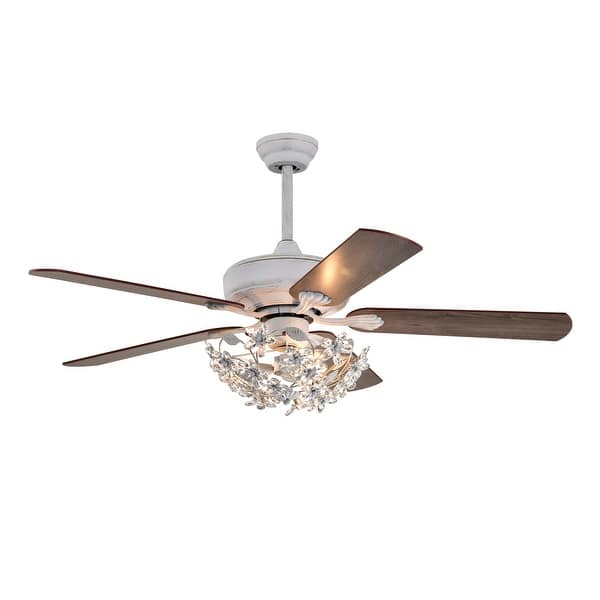 slide 2 of 23, Warehouse of Tiffany Praer Washed White 5-blade Lighted Ceiling Fan with Crystal Daisy Bouquet Shade Washed-White