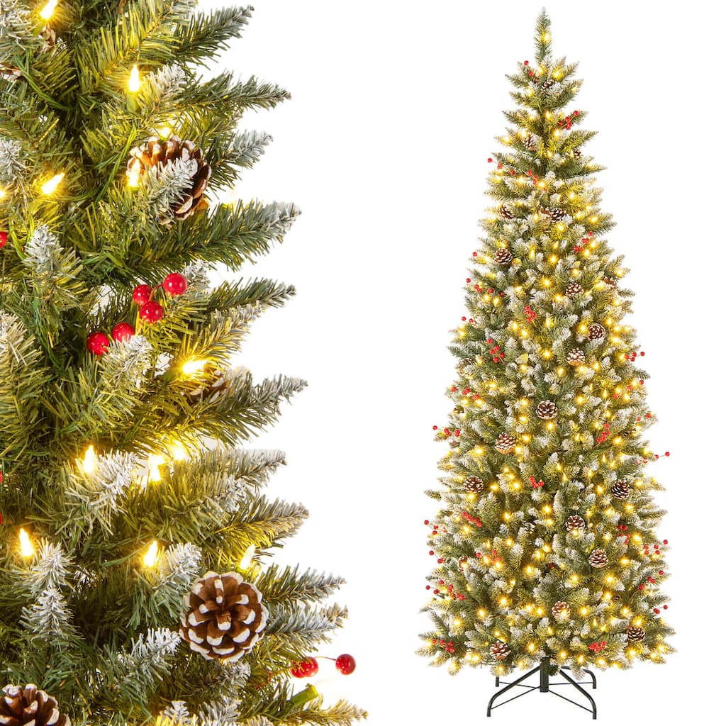 Costway 7 FT Pre-Lit Artificial Christmas Tree with 818 Snowy Branch - 7FT