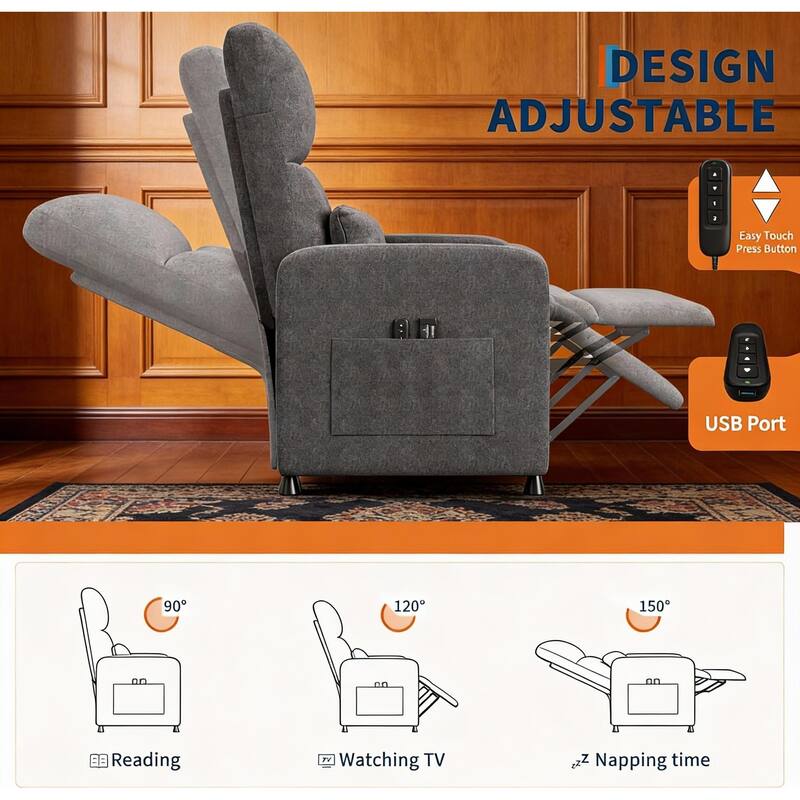 Power Recliner Chair, with 2 Side Pockets and USB Port