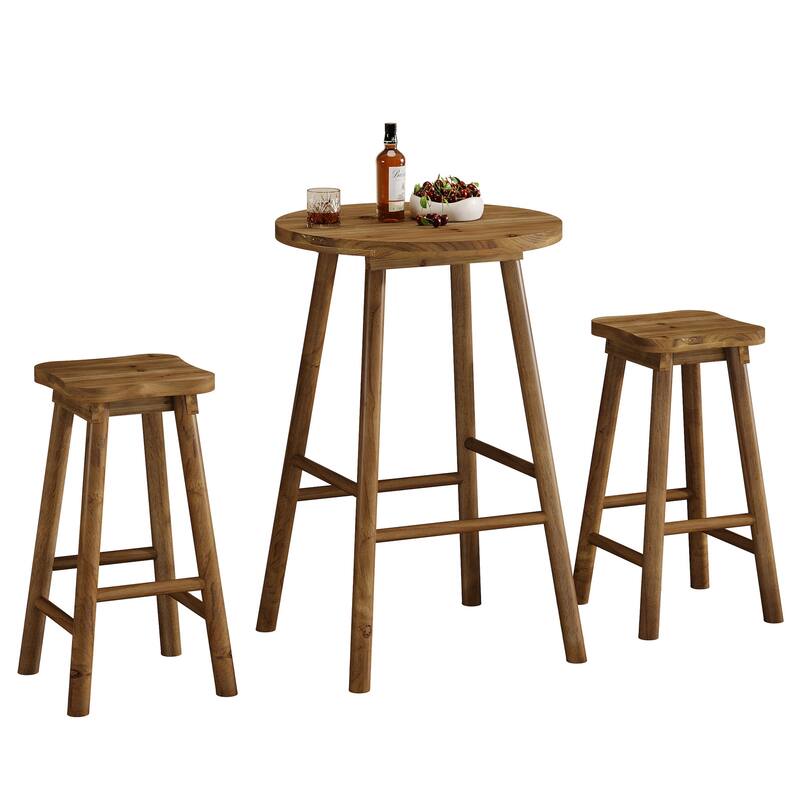 Solid Wood Bar Table & 2 Barstools Set, Pub Bistro Coffee Cocktail Dining Accent Table, Home Bar Kitchen Breakfast Nook