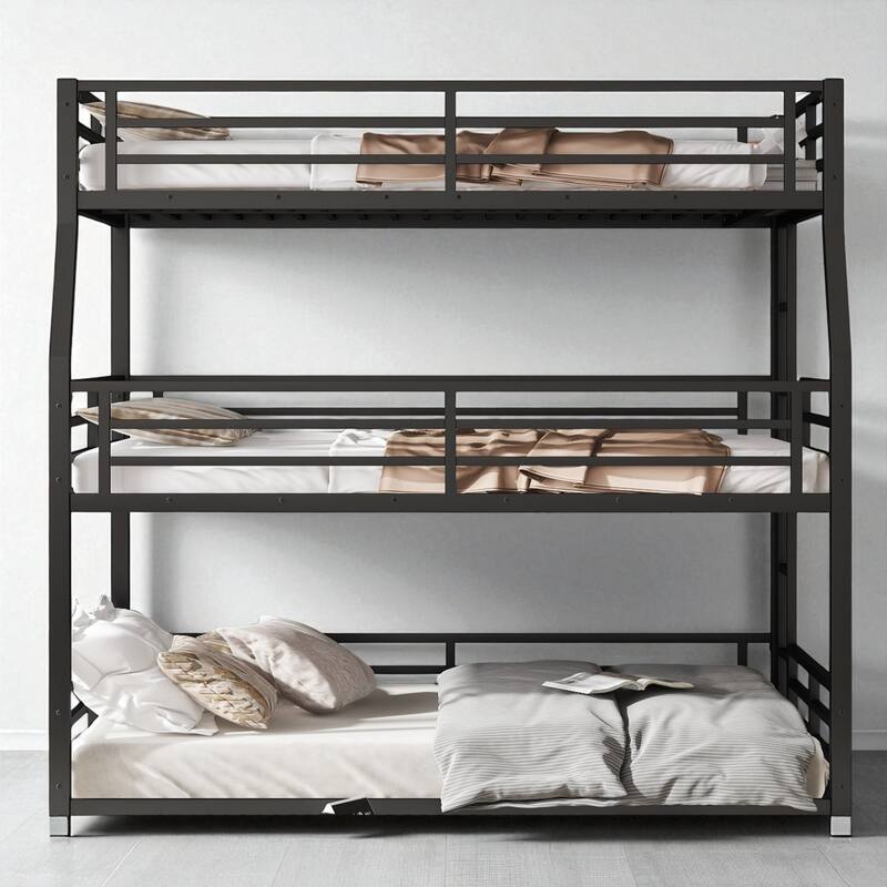 Full/Full XL over Queen over Queen Metal Triple Bunk Bed with Guardrails, Quiet Slat System, Heavy-Duty Frame
