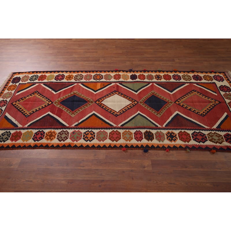 Vegetable Dye Red Kilim Qashqai Persian Antique Runner Wool Carpet - 3'9"x 8'6"