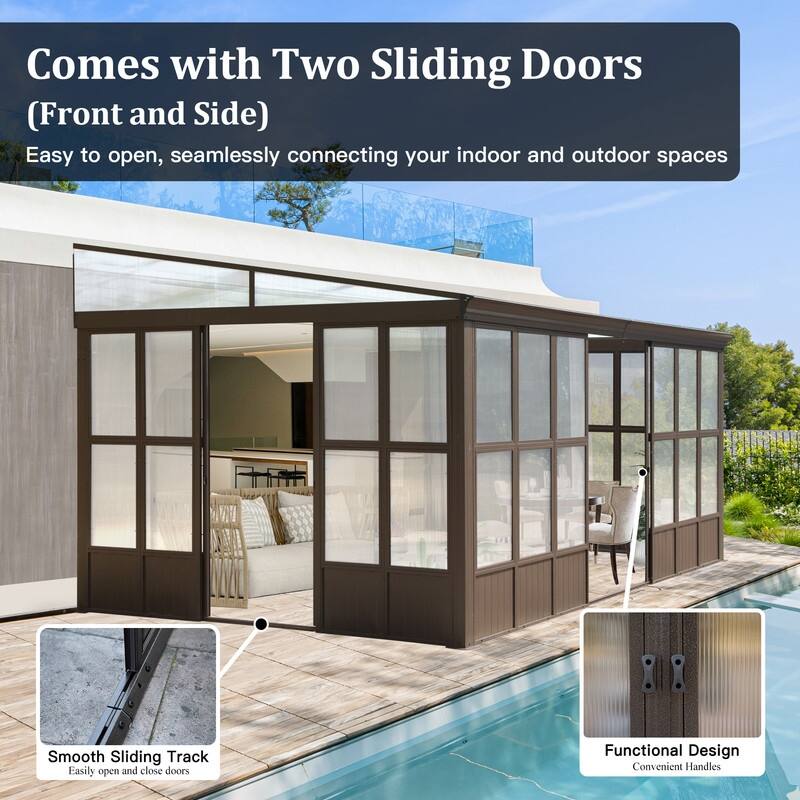 Domi Wall-Mounted Sunroom with Sloped PC Roof and Lockable Sliding Doors