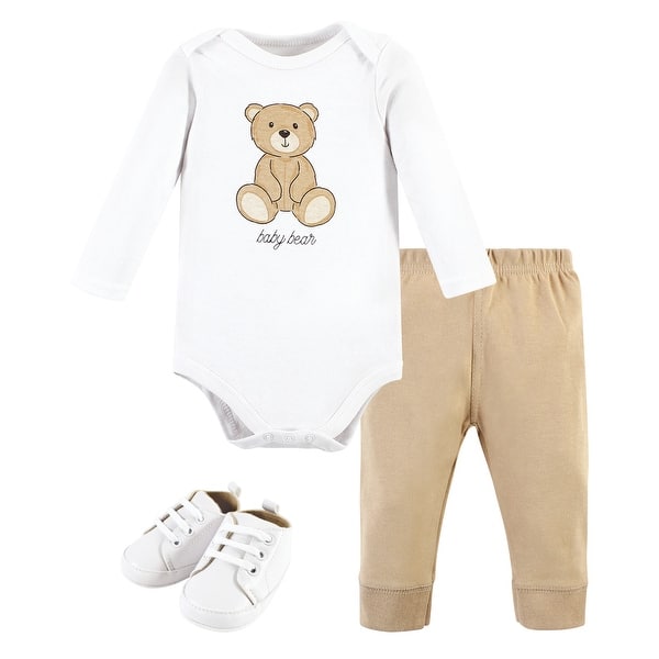 slide 1 of 1, Hudson Baby Cotton Bodysuit, Pant and Shoe Set, Teddy Bears Long Sleeve, 6-9 Months 3-6 Months - Teddy Bears Long Sleeve