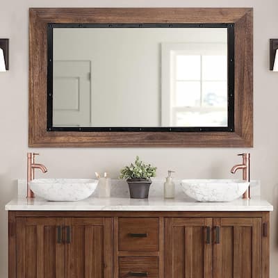 Rustic Wooden and Embedded Iron Framed Wall Bathroom Vanity Mirror