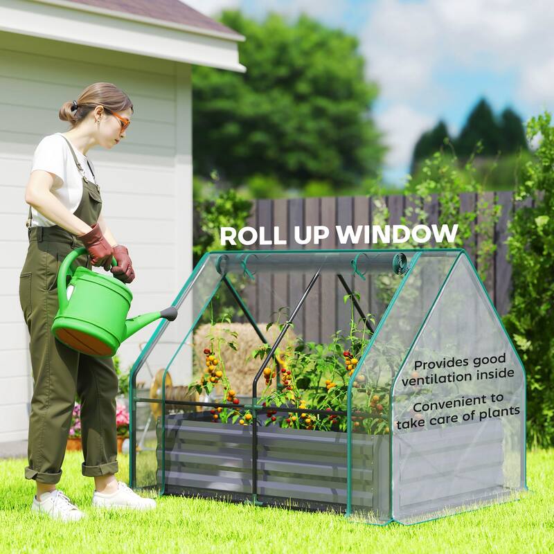 Outsunny 4 x 3 x 1ft Raised Garden Bed with Mini Greenhouse, Galvanized Raised Garden Bed with Cover for Herbs and Vegetables