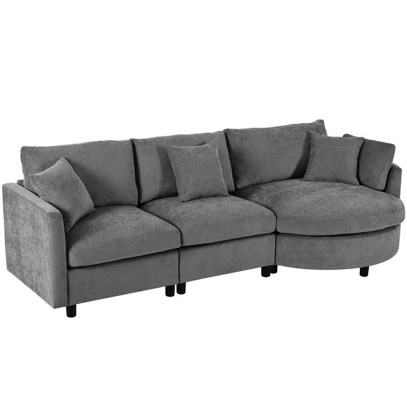 Curved Sectional Sofa, Chenille Fabric Sectional Couch with Chaise and 3 Throw Pillows