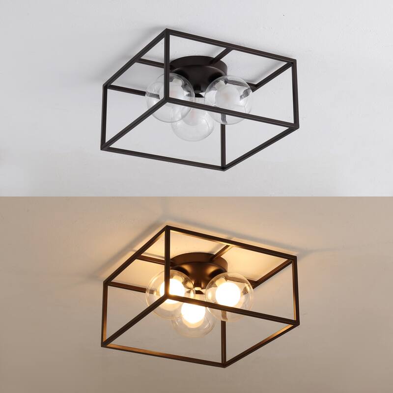 Payton 14" 3-Light Modern Farmhouse Metal/Iron Open-Caged LED Flush Mount, Oil Rubbed Bronze , by JONATHAN Y