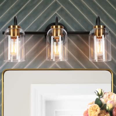 Modern Classic 3-Light Black Bathroom Vanity Light Fixture Gold Brass Wall Sconces with Cylinder Glass - 21" L x 6.5" W x 9" H
