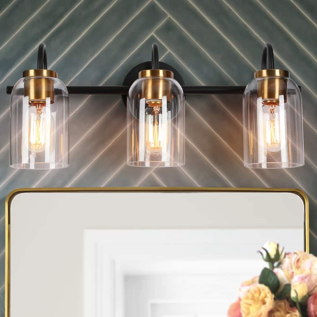 Modern Industrial 3-Light Black Brass Wall Light Clear Glass Vanity Light Fixture for Bathroom