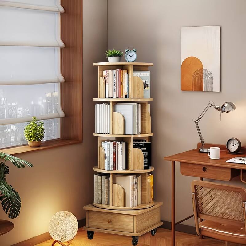 5/6 Tier Rotating Bookshelf, 360 Display Corner Bookshelf, Floor Standing Bookcase Storage Rack With Wheels and Drawer - 5 Tier-Oak
