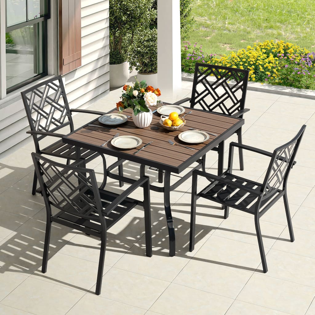 5-Piece Metal Patio Dining Set with Umbrella Hole and 4 Stackable Chairs
