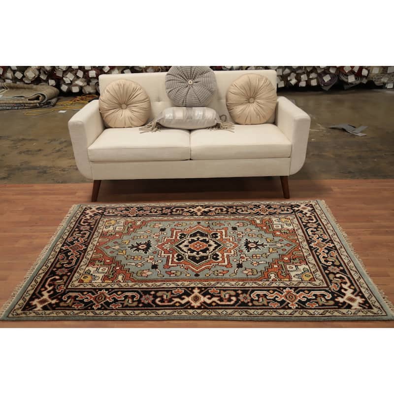 Hand Knotted Oriental 100% Wool Carpet Traditional Medallion Greys & Charcoal Heriz (serapi) Area Rug - 5' 9'' X 4' 0''