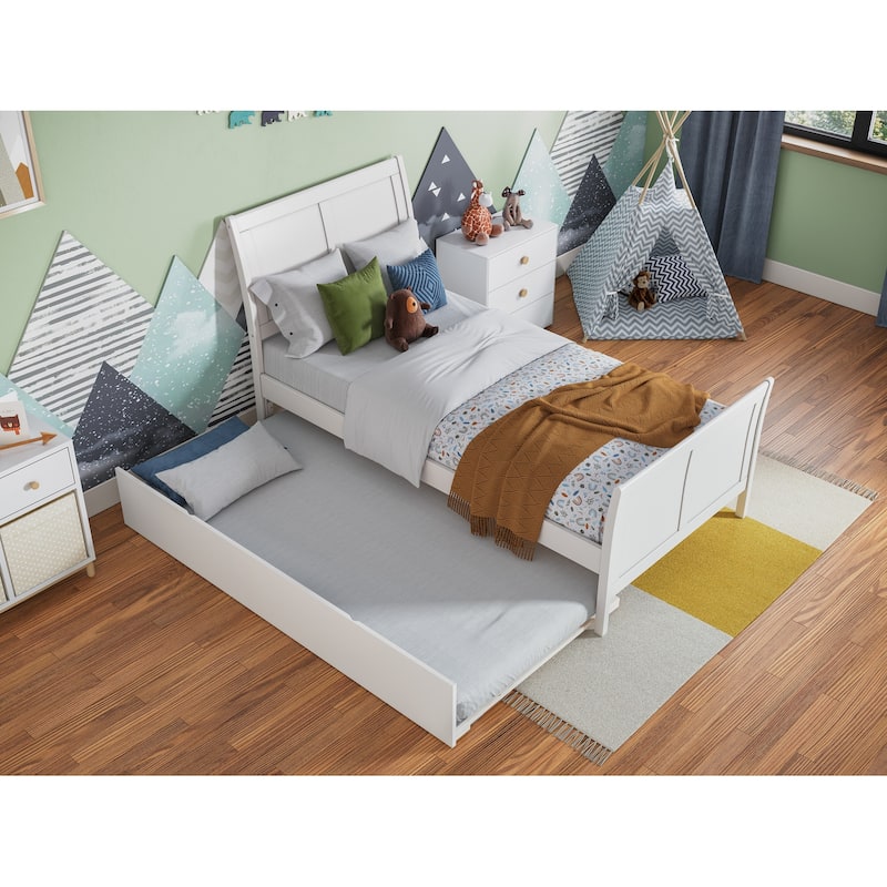 Platform Bed with Trundle - Twin Size, Walnut Finish - Modern Bedroom Furniture Set with Footboard