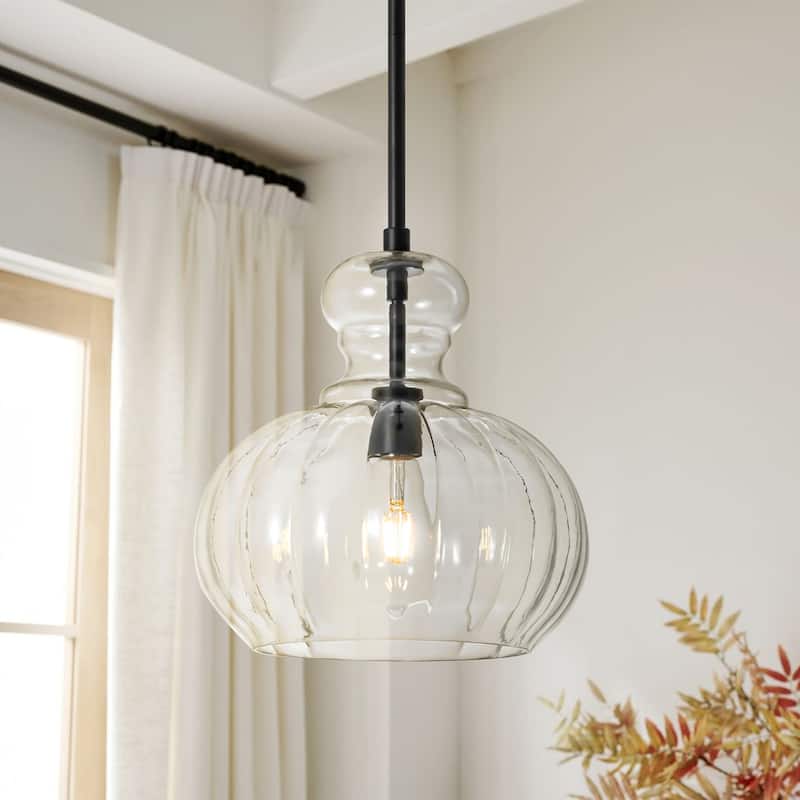 1-Light Modern Black/Gold Dome Textured Clear Glass Pendant Lights - Black/Clear