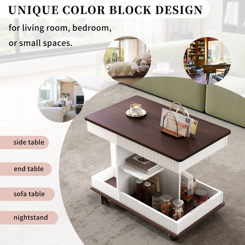 Adjustable End Table with Wheels, Multifunctional Sofa Side Table with Lift-Top, 360°Rotating Top and Storage Space