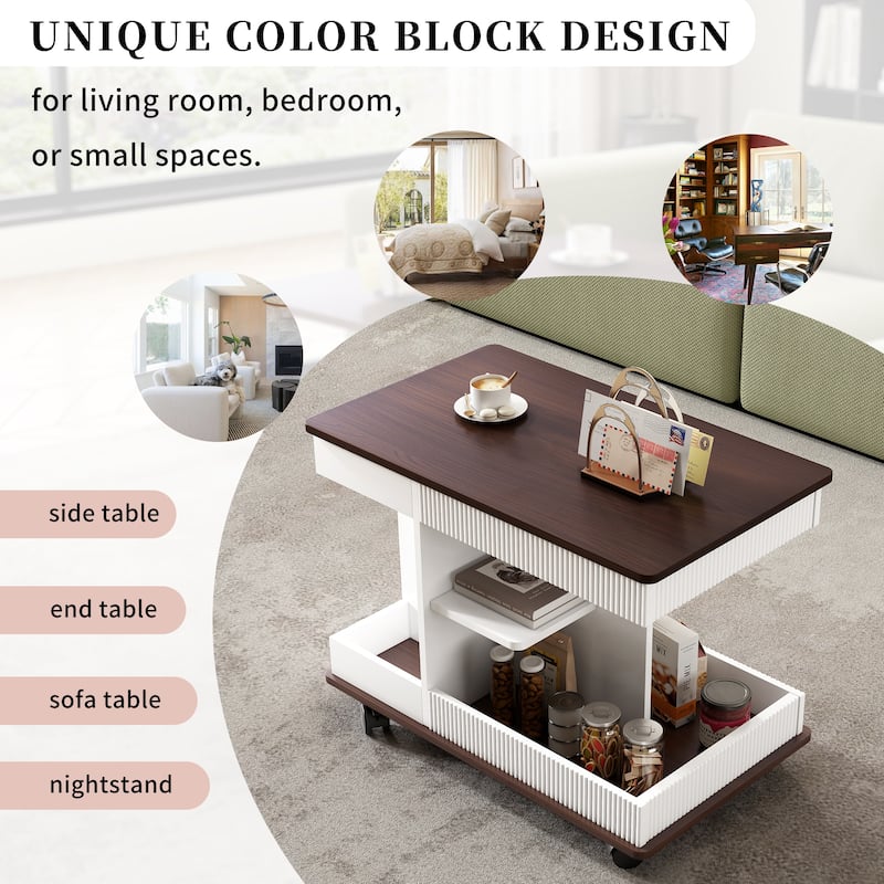 Multifunctional Sofa Side Table with Lift-Top and Wheels