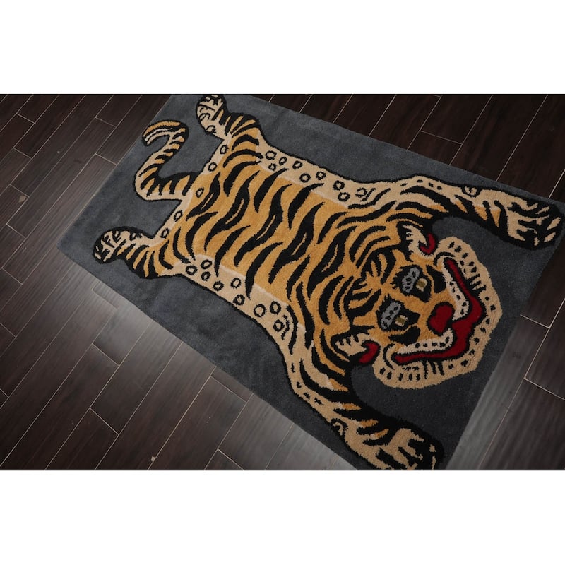 Hand Tufted Hand Made Wool Tiger Novelty Oriental Area Rug Gray - 3' x 5'