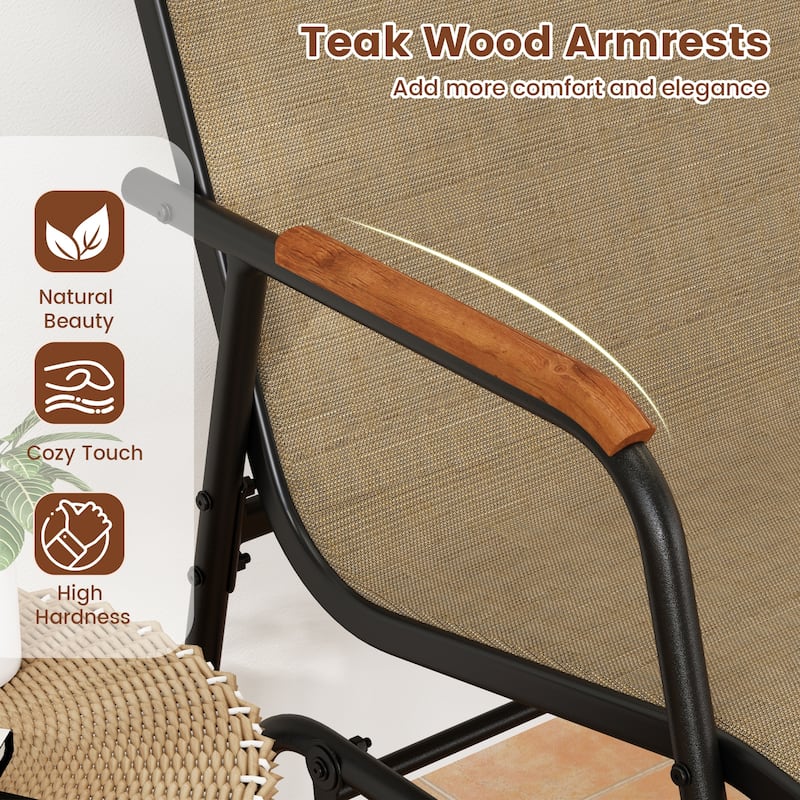 Black Brown Metal Glider Bench with Teak Armrests and 2-Person Seat - 29" L x 45" W x 33" H