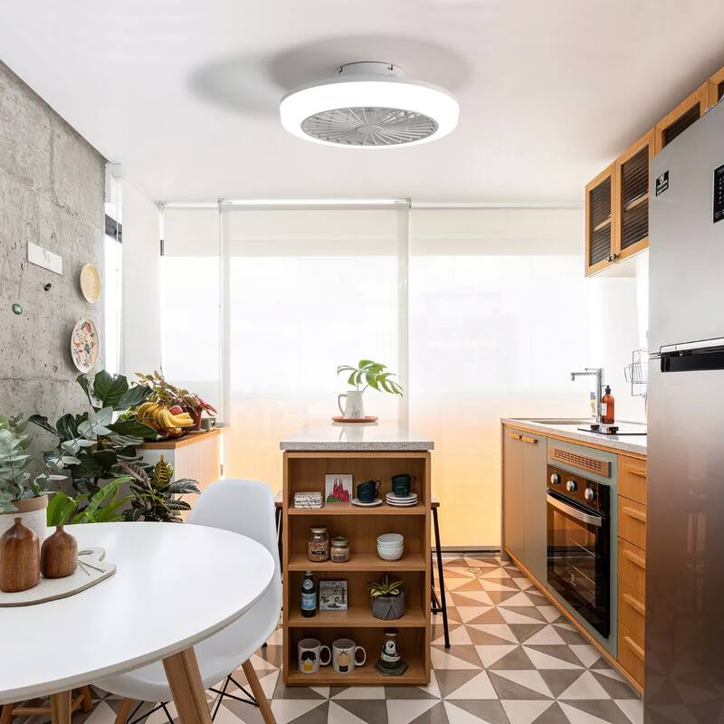 18 Inch Enclosed Ceiling Fan with Light and Remote, Modern Flush Mount Bladeless Ceiling Fan for Bedroom Living Room, White