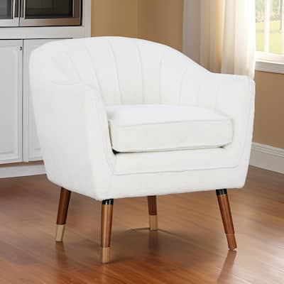 Tia 31 Inch Plush Accent Chair Armchair, White Polyester, Brown Solid Wood