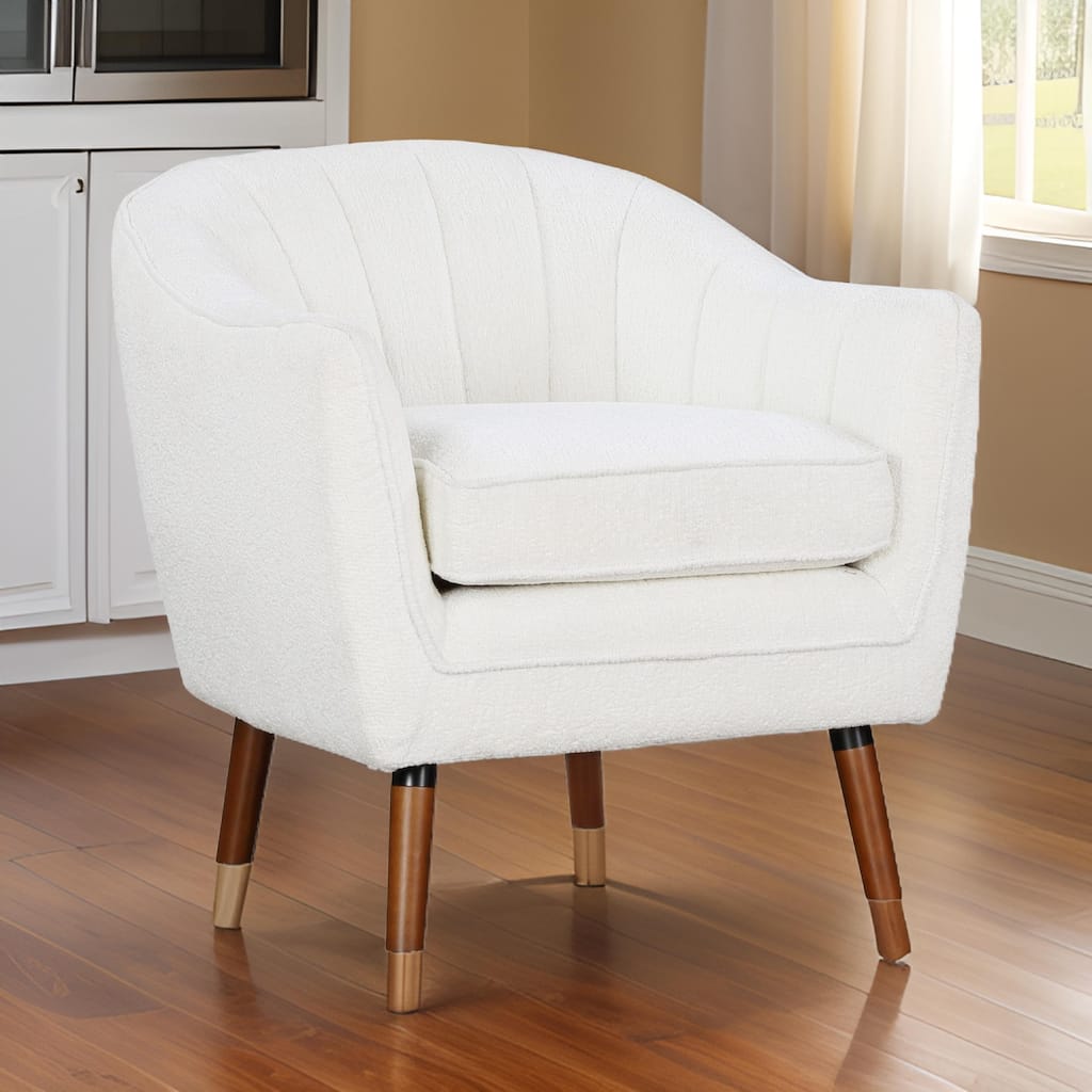 Tia 31 Inch Plush Accent Chair Armchair, White Polyester, Brown Solid Wood