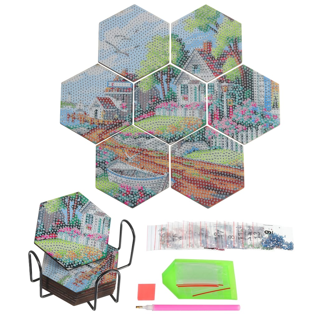 Diamond Art Coasters, 7PCS Diamond Art Painting Coasters Holder, Seaside - Multiple colors