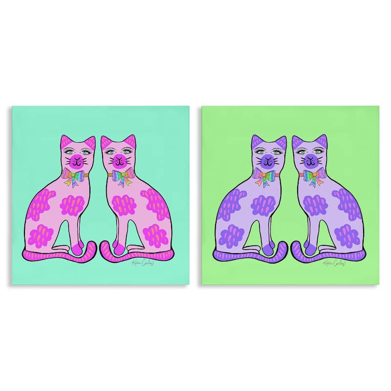 Stupell Bright Purple Cat Pairs Canvas Wall Art Design By Katie Conley (Set of 2) - 17 x 17