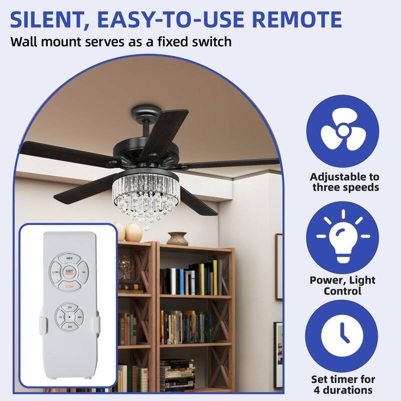 Moasis 52" Chandeliers Crystal Ceiling Fan with Light and 5 Dual Color Wooden Blades