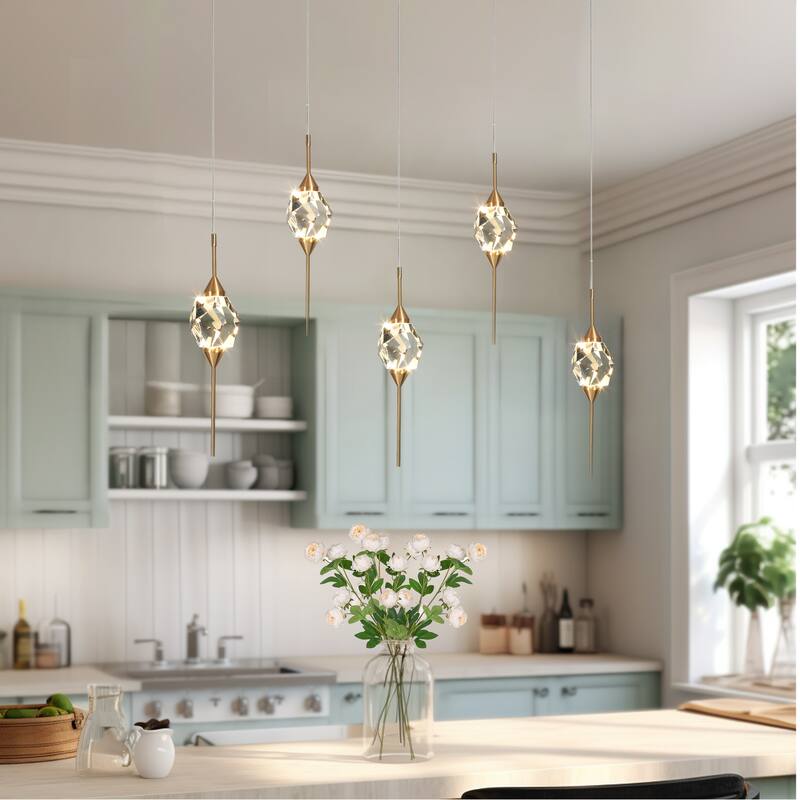 Modern Gold LED Crystal 1-Light Pendant Light for Kitchen Island Dining Room - 4" Dia. x 17" H