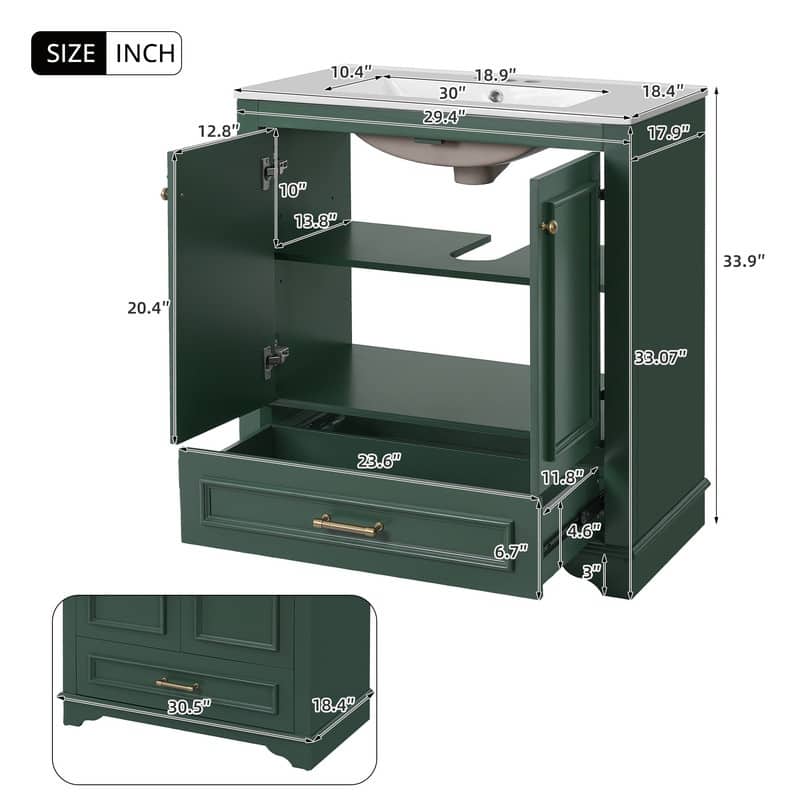 30" Bathroom Vanity with Ceramic Sink, 2 large Soft Closing Doors