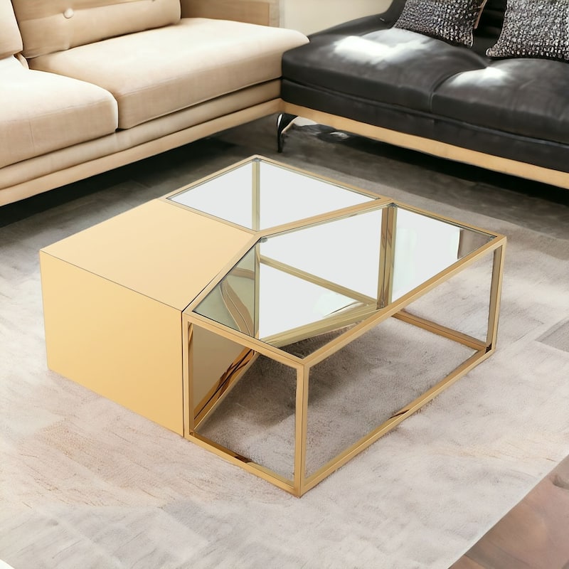 HomeRoots Set of Three 37" Clear And Gold Glass And Stainless Steel Square Mirrored Bunching Coffee Tables - 37.4