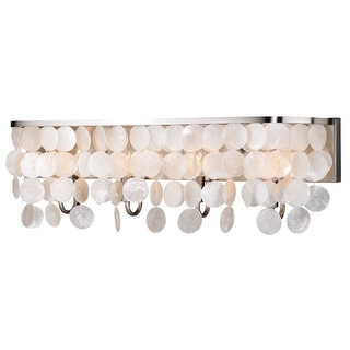 Elsa 4-Light 28 in. W Satin Nickel Glam Bathroom Vanity Lighting Fixture, Capiz Shell, Dimmable, LED Compatible, Full Backplate
