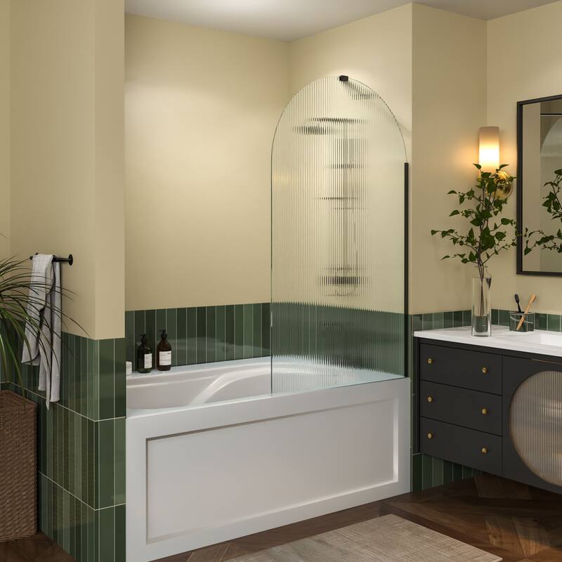 33''x 58'' Bathtub 8mmTempered Glass Frameless Shower Door, Fixed Glass Half Panel in Black/Gold