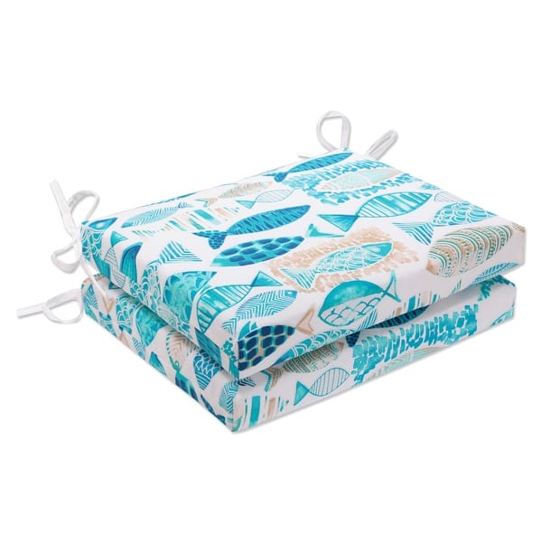 slide 2 of 5, Pillow Perfect Outdoor Hooked Seaside Blue Squared Corners Seat Cushion (Set of 2) - 16 X 18.5 X 3