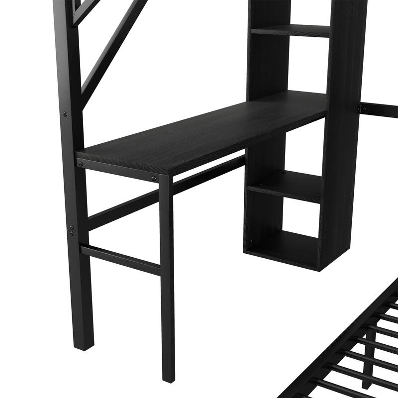 Full over Twin Metal Bunk Bed with Desk and Bookshelves,Detachable Metal Bunk Bed with LED and Charge Station
