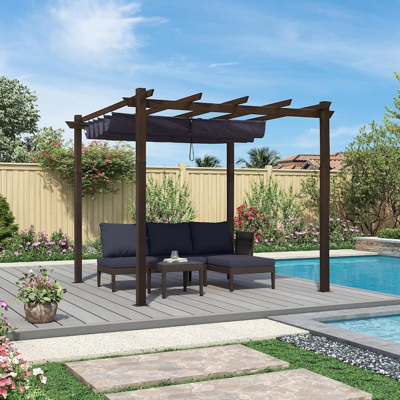 PURPLE LEAF Outdoor Retractable Bronze Metal Pergola w Canopy for Beach Deck Gazebo - 10ft x 10ft - Navy Blue Canopy