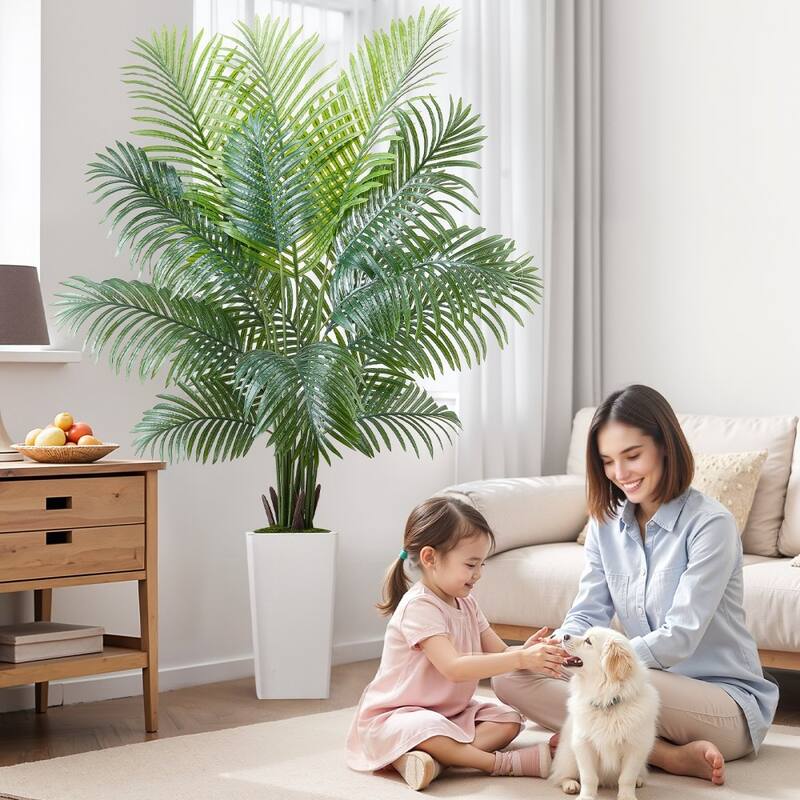 Green Lifelike Faux Areca Palm Tree with Moss-Covered Planter for Indoor Plant Decoration